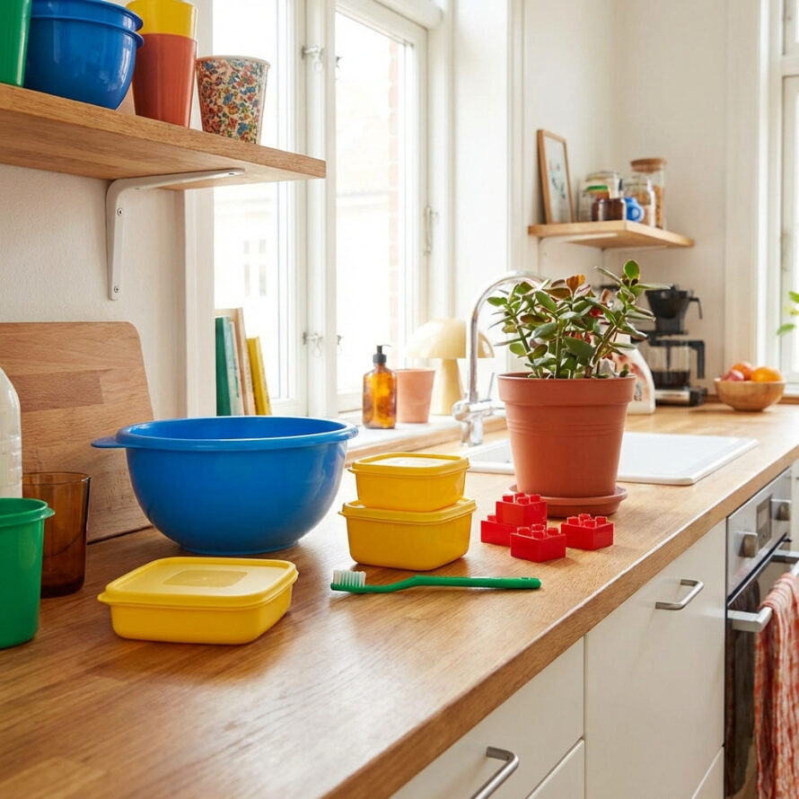 Plastic keukenartikelen op een aanrecht, symbool voor dagelijks gebruik van kunststoffen.