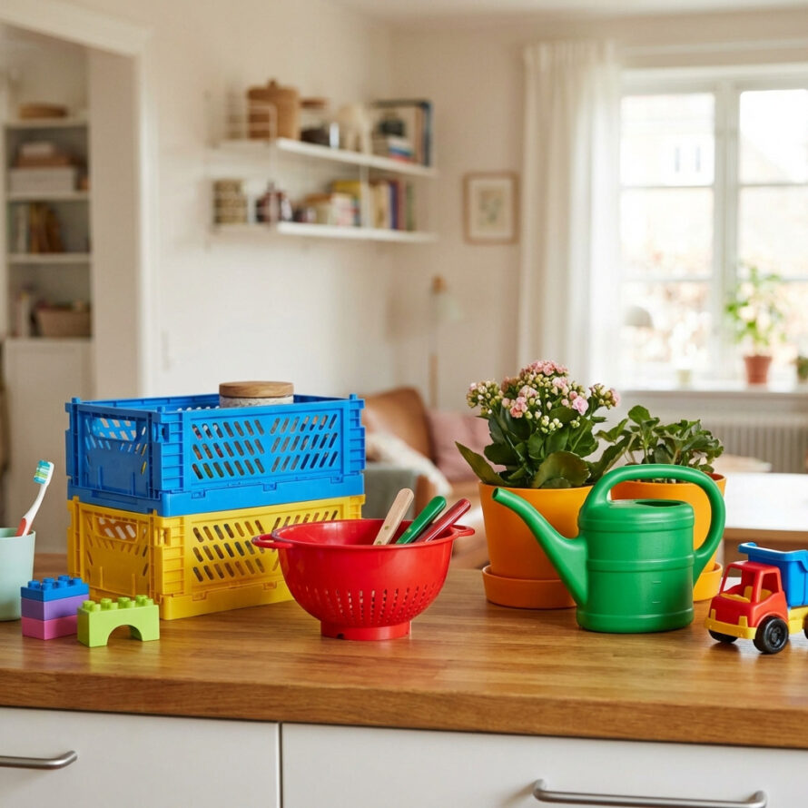 Kleurrijke kunststof schalen, emmers en bakjes gebruikt voor huishoudelijke taken.
