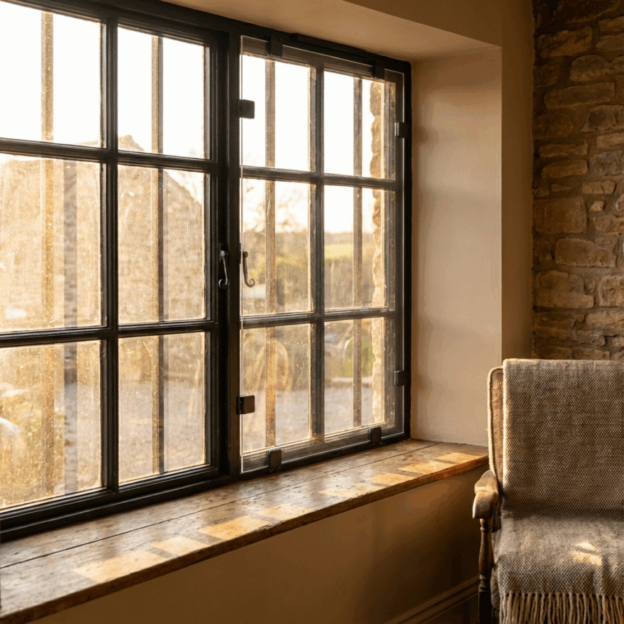 Isolerend plexiglas voorzetraam op klassiek stalraam