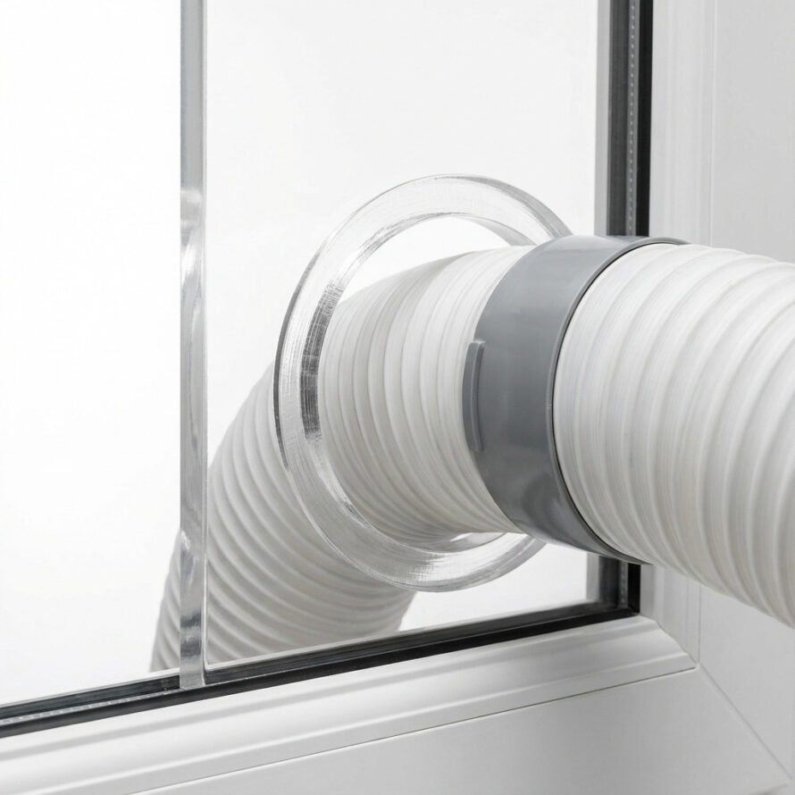 Technisch productdetail van plexiglas raamafdichting met nauwkeurig gefreesd gat voor aircoslang.