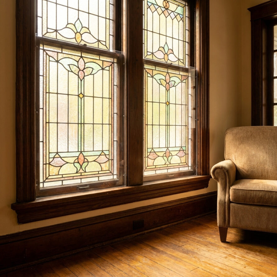 Glas-in-lood raam geïsoleerd met plexiglas voorzetraam, duidelijke scheiding tussen koude buitenlucht en warme binnenruimte