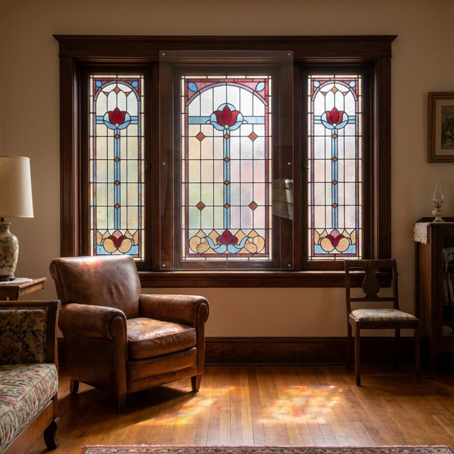 Glas-in-lood ramen voorzien van plexiglas voorzetramen in monumentaal pand