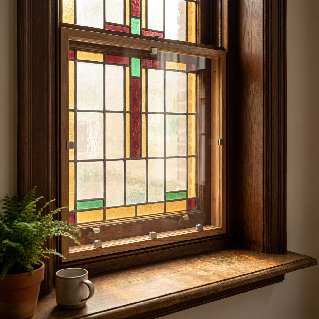 Glas-in-lood raam met transparant plexiglas voorzetraam aan de binnenzijde, gemonteerd met clips in een houten kozijn voor extra isolatie.