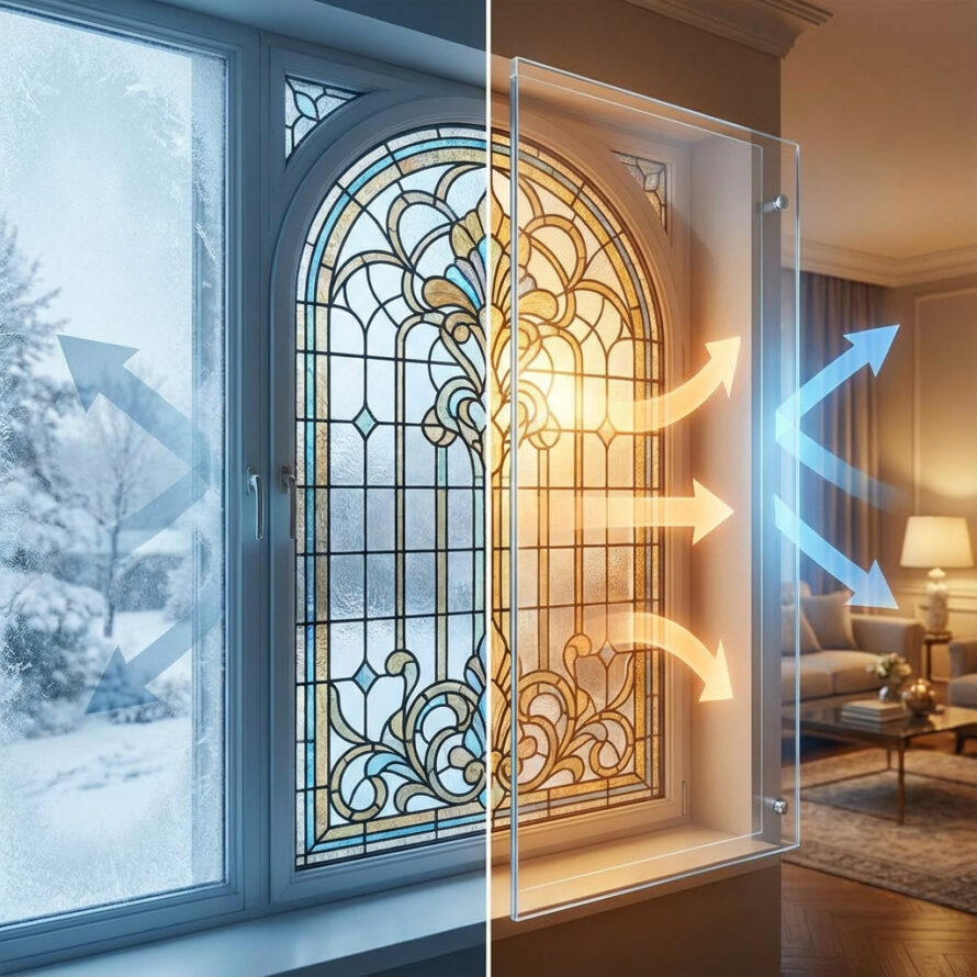 Monumentaal glas-in-lood raam met onzichtbaar plexiglas voorzetraam in klassieke woonkamer