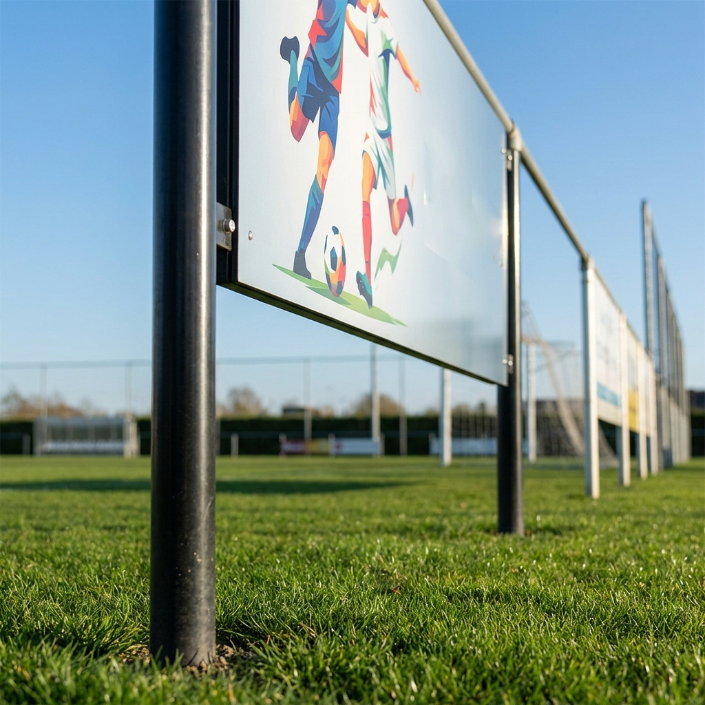 HPL buitenreclamebord met voetbalillustratie, geschikt voor sportvelden en buitengebruik