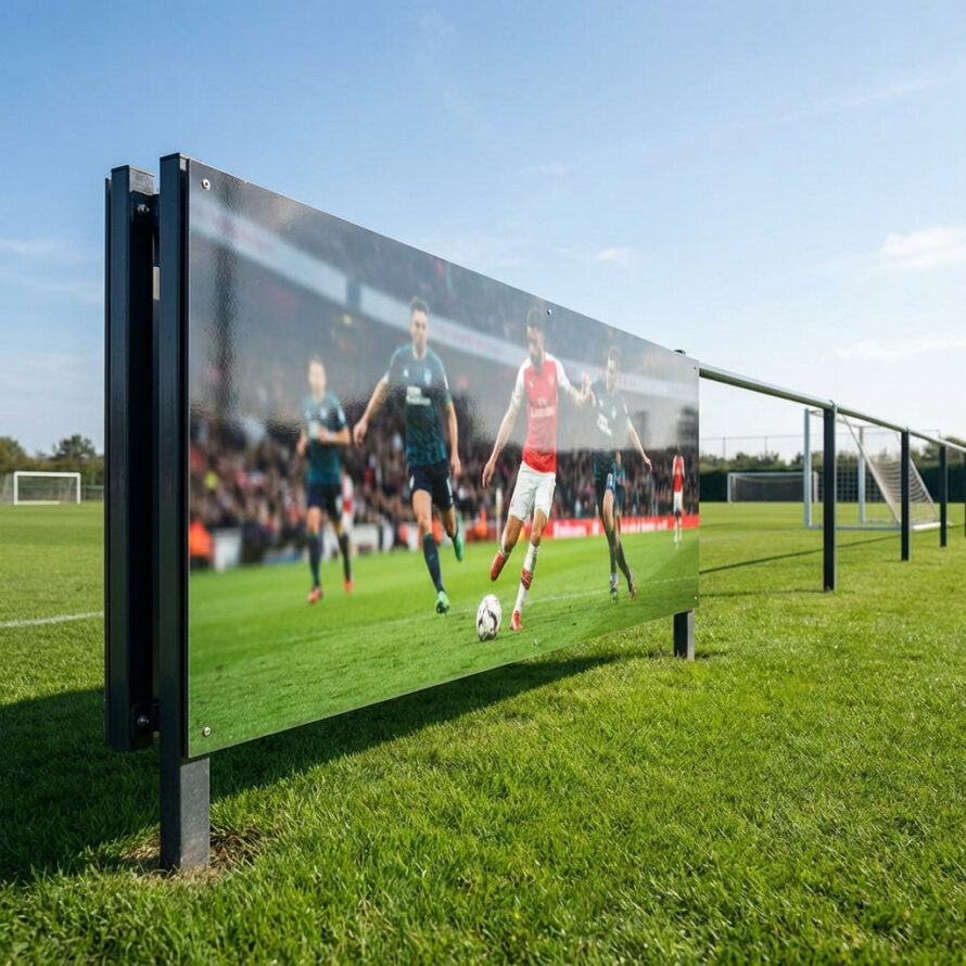 Detail van een HPL reclamebord bij een voetbalveld met sterke kleuren en duurzame afwerking