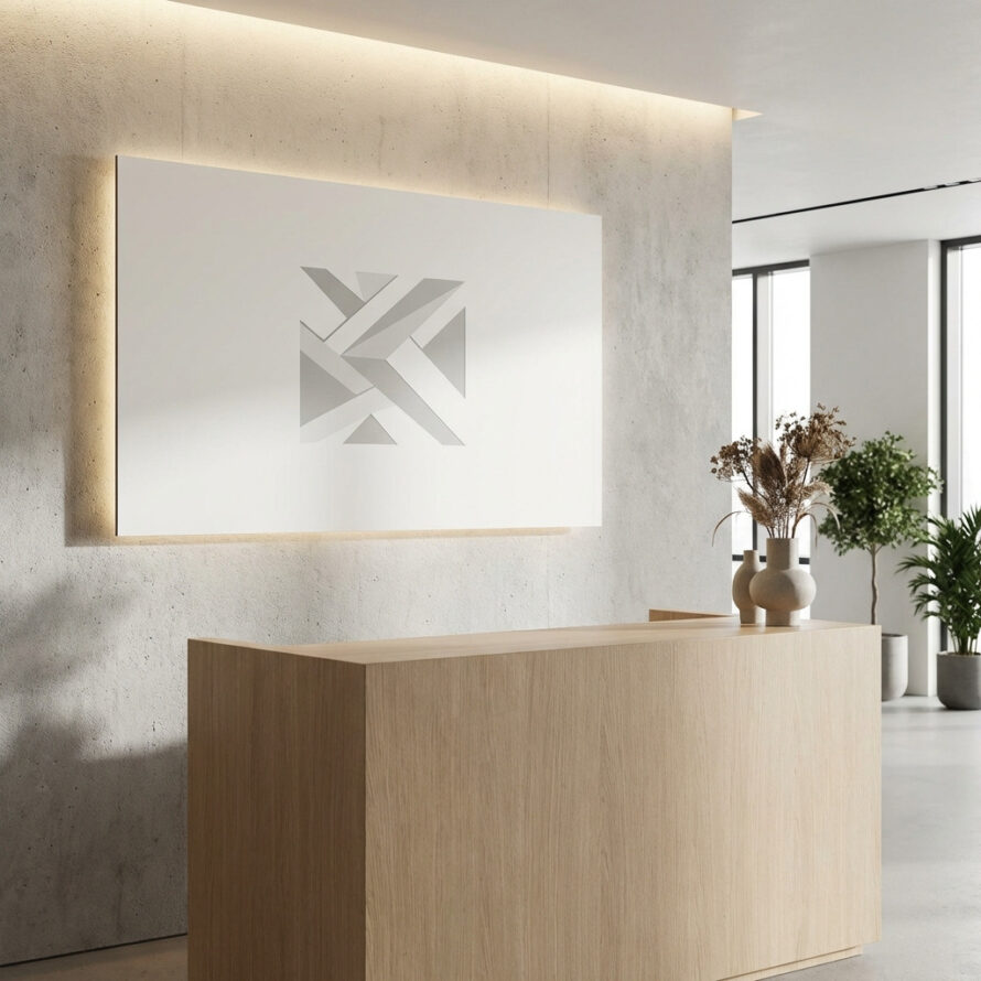 HPL wandpaneel met bedrijfslogo in een professionele ontvangsthal met indirecte verlichting