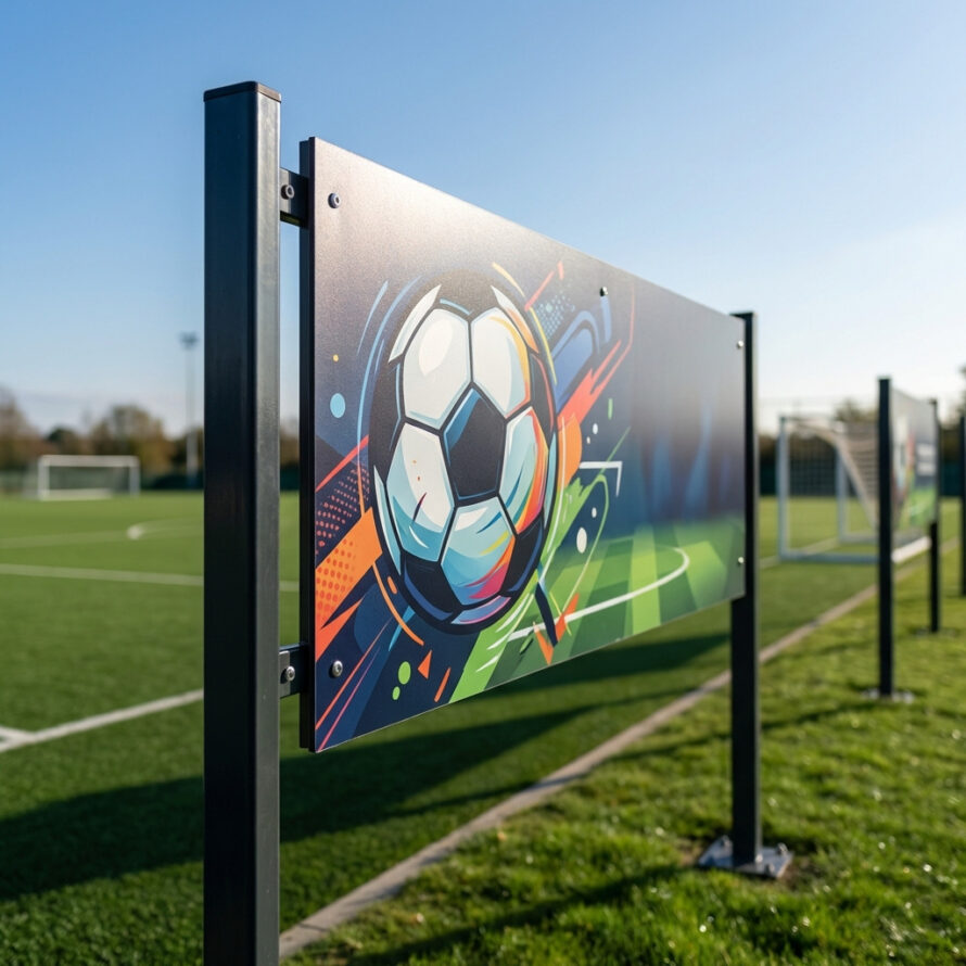 Weerbestendig HPL reclamebord buiten geplaatst langs een sportveld met kleurrijke print