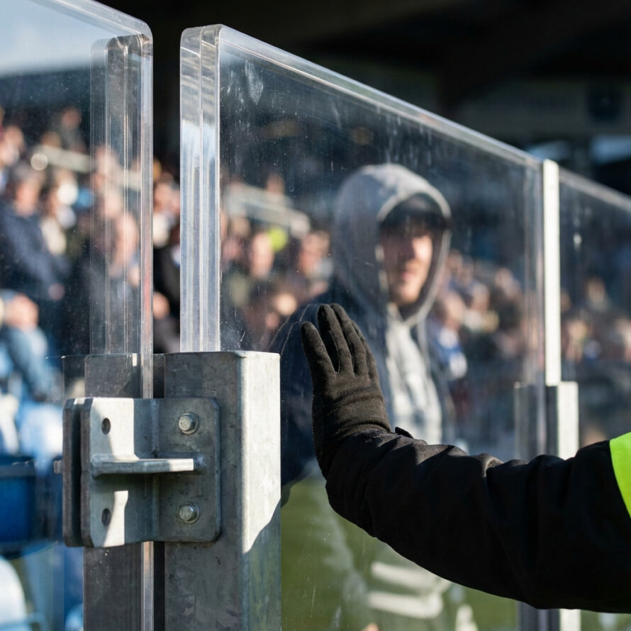 Transparante polycarbonaat veiligheidswand in een voetbalstadion, met metalen bevestiging en een hand tegen het scherm.