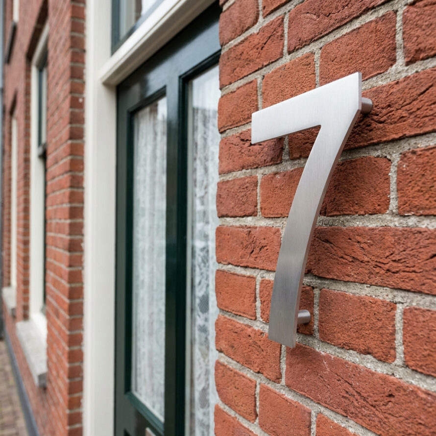 Zilver huisnummer 7 bevestigd op een bakstenen gevel van een woonhuis