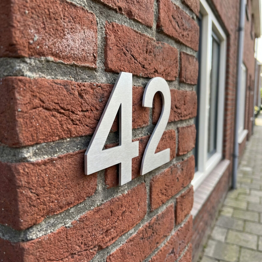Donker huisnummer 42 op bakstenen gevel bij een Nederlandse woning