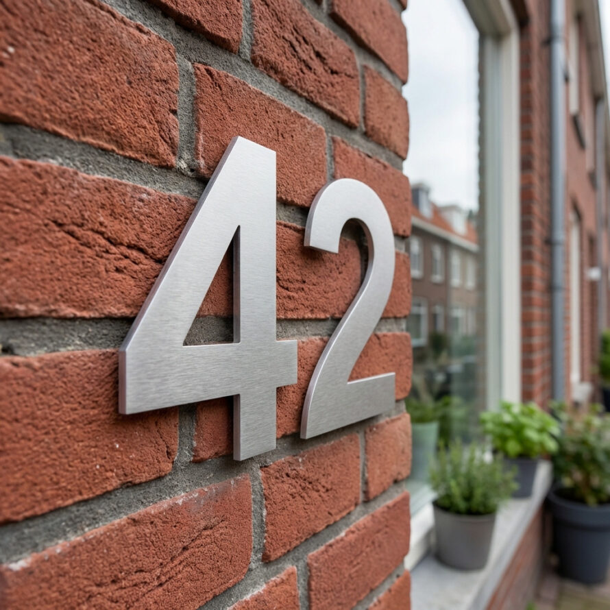 Modern huisnummer 42 in zilverkleur, gemonteerd op een rode bakstenen muur