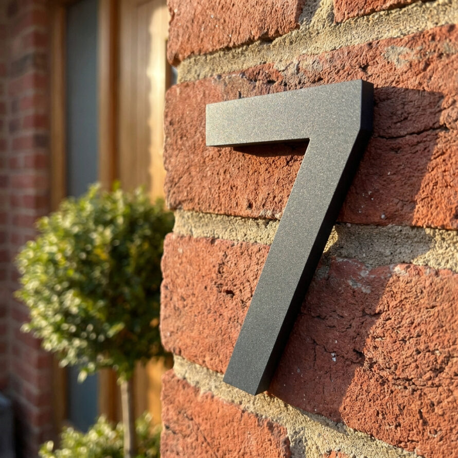 Bronskleurig huisnummer 7 op bakstenen muur naast een voordeur