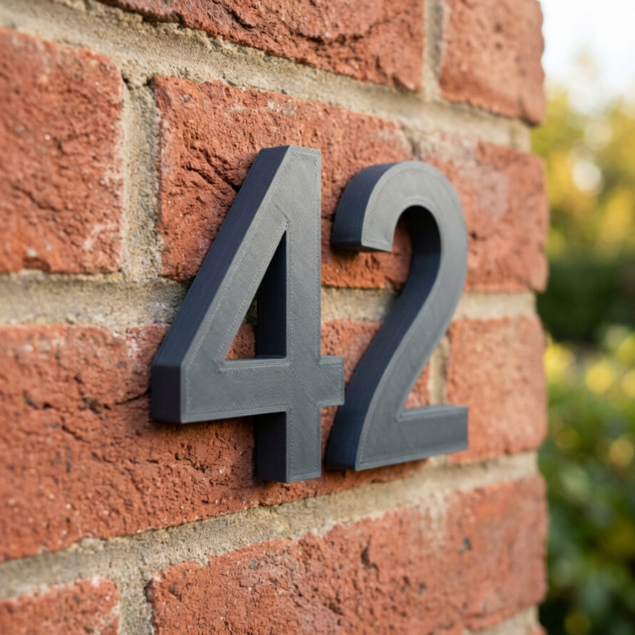 Huisnummer 42 in donkere afwerking, gemonteerd op een rode bakstenen gevel