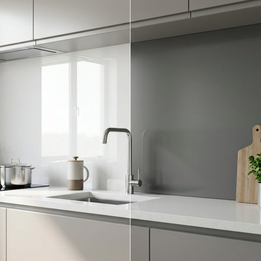 Strakke witte keuken met glanzende plexiglas achterwand vergeleken met een matte kunststof achterwand.