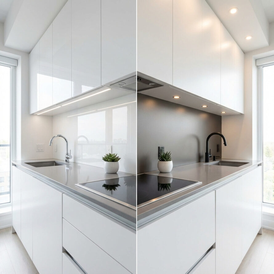 Detail van keukenachterwand met transparant kunststof paneel naast een matte kunststof wandplaat.