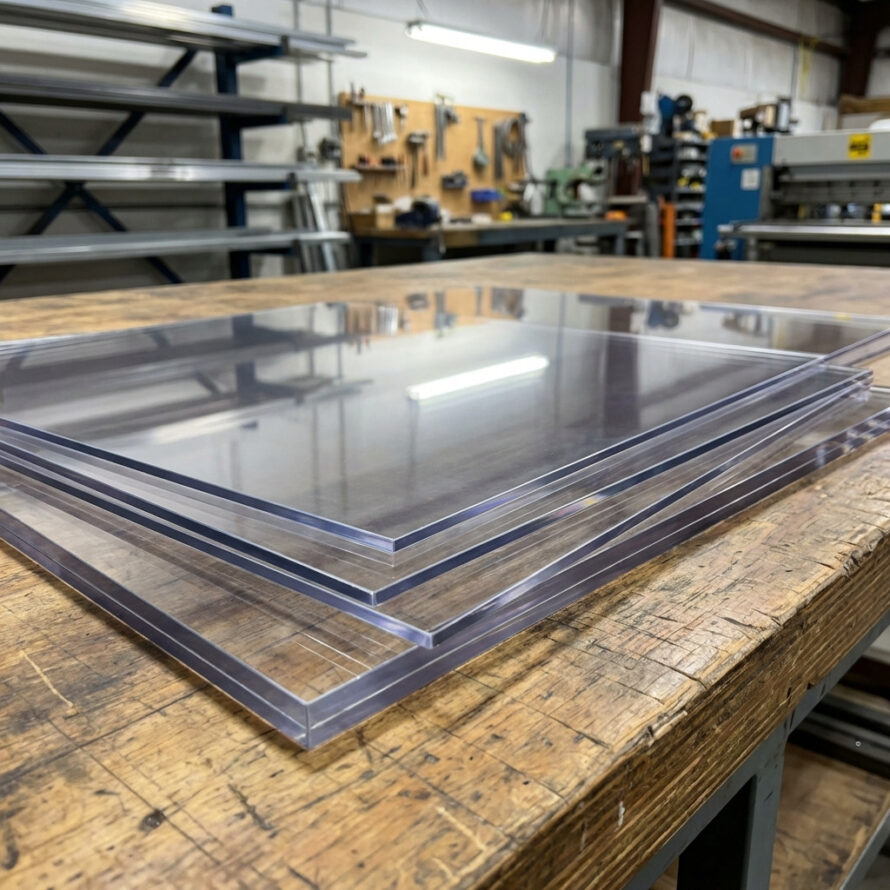 Transparante kunststof platen gestapeld op een werkbank in een industriële omgeving.