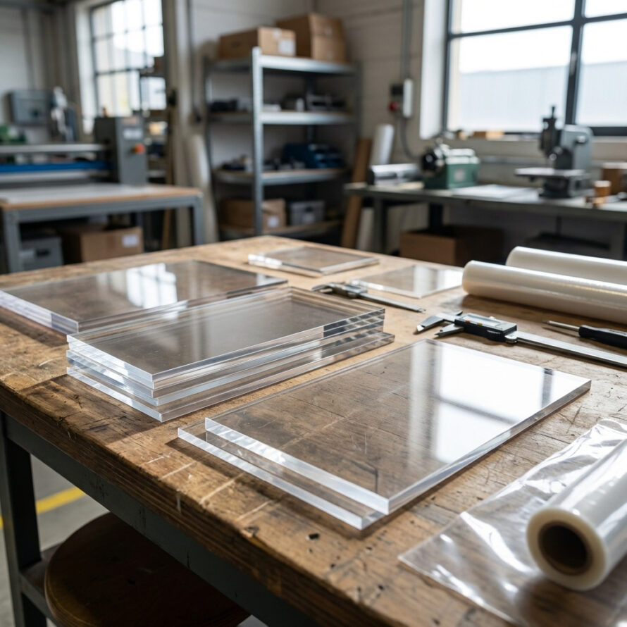 Gestapelde kunststof platen in een productiehal, illustratie van industriële toepassingen.