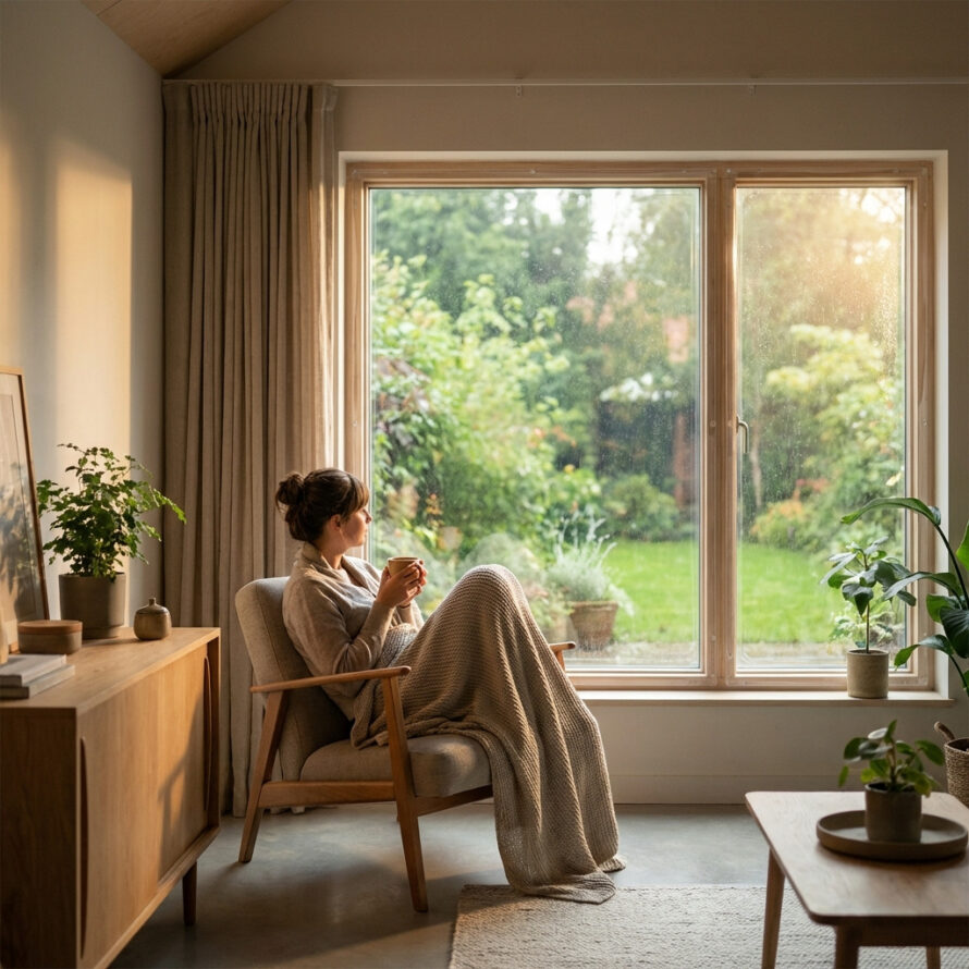 Persoon zit aan een tafel bij een groot raam met uitzicht op bomen en groen, in een warme, moderne woonruimte.