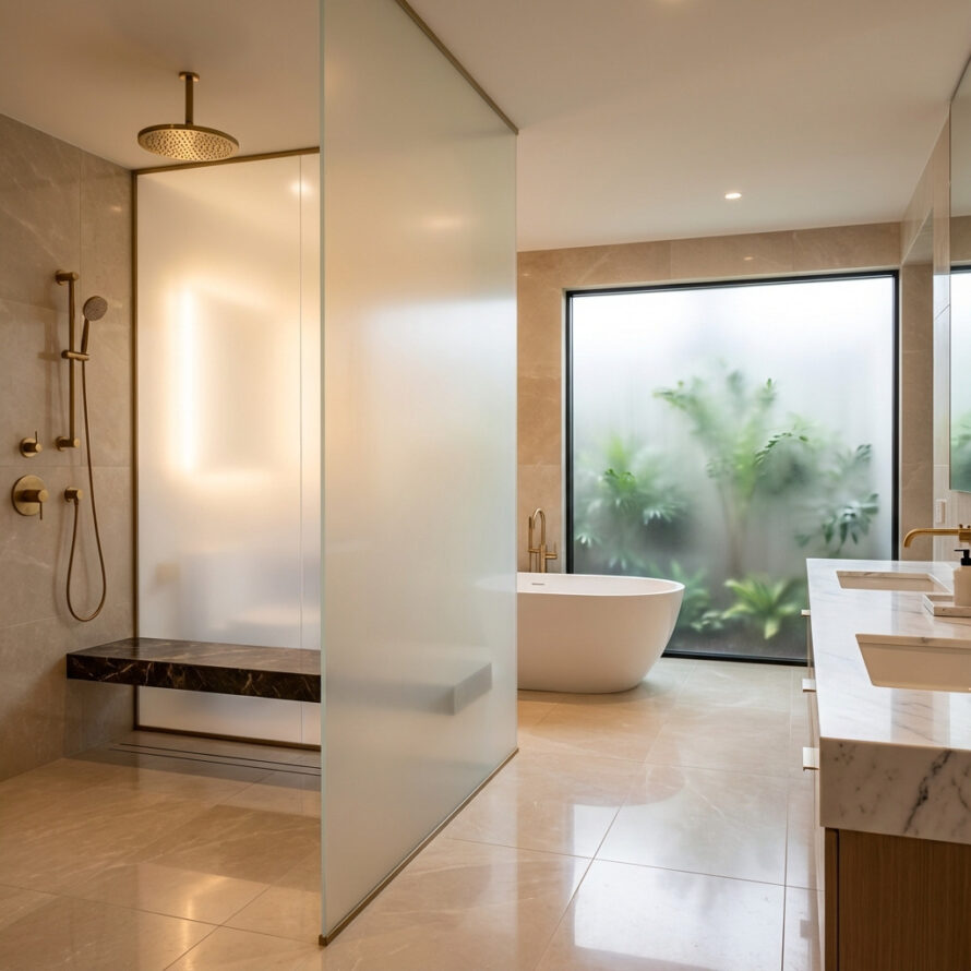 Moderne badkamer met opalen schuifdeuren voor de douche, marmeren afwerking en vrijstaand bad in warme neutrale tinten.