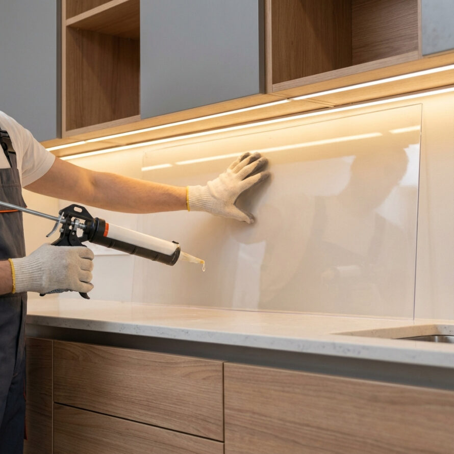 Monteur plaatst een HPL keukenachterwand achter het fornuis.