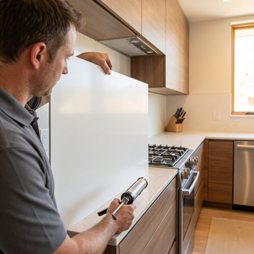 Vakman monteert een witte HPL keukenachterwand achter het kookgedeelte in een moderne keuken.