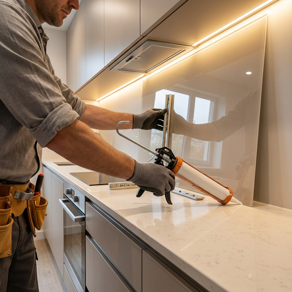 Installateur brengt kit aan en plaatst een witte HPL keukenachterwand achter het fornuis.