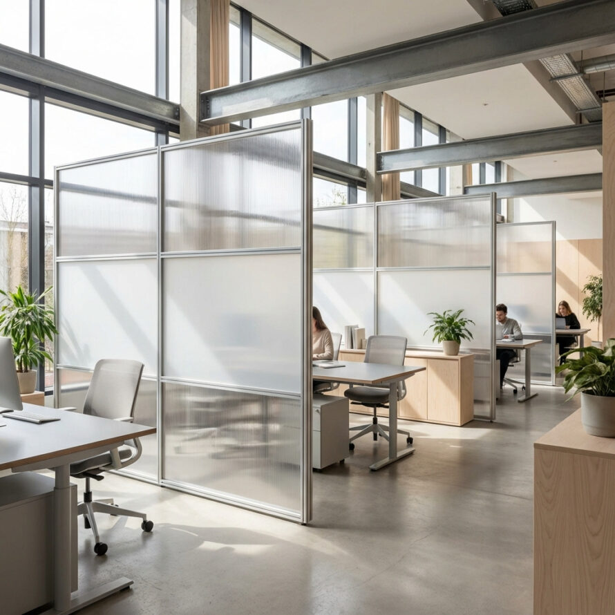 Opaal polycarbonaat wand als flexibele scheidingswand tussen werkplekken.