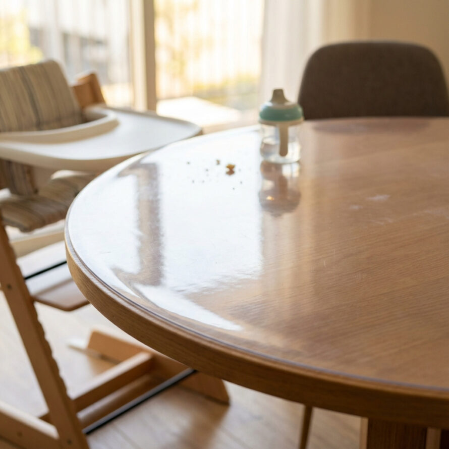 Heldere plexiglas beschermplaat op massief houten tafelblad in moderne eetkamer.