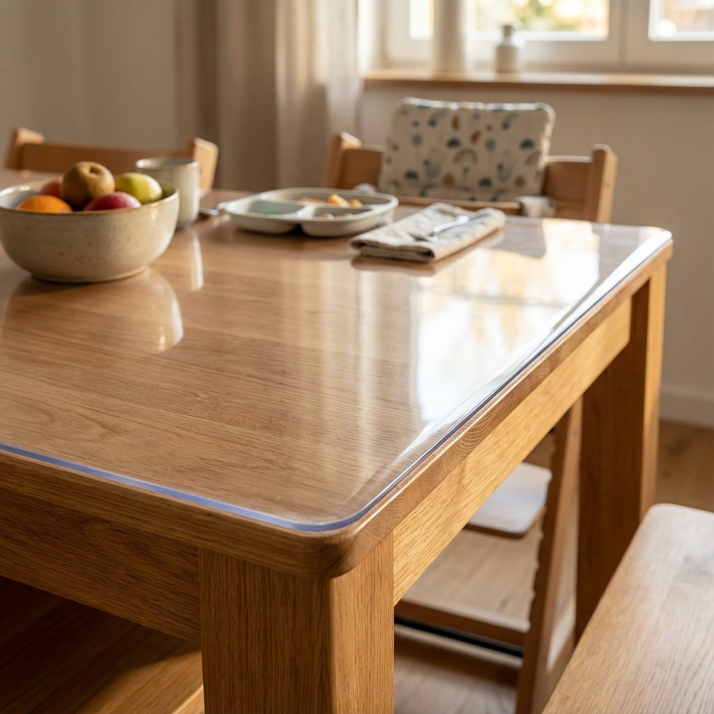 Plexiglas tafelblad op maat geplaatst op eettafel, behoudt de natuurlijke houtlook.