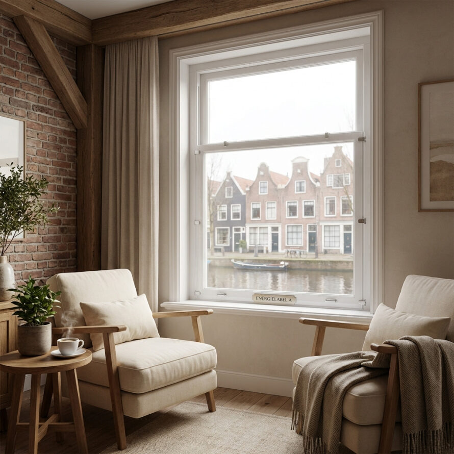 Lichte woonkamer met een bank en fauteuil bij een groot raam, met uitzicht op historische gebouwen buiten.