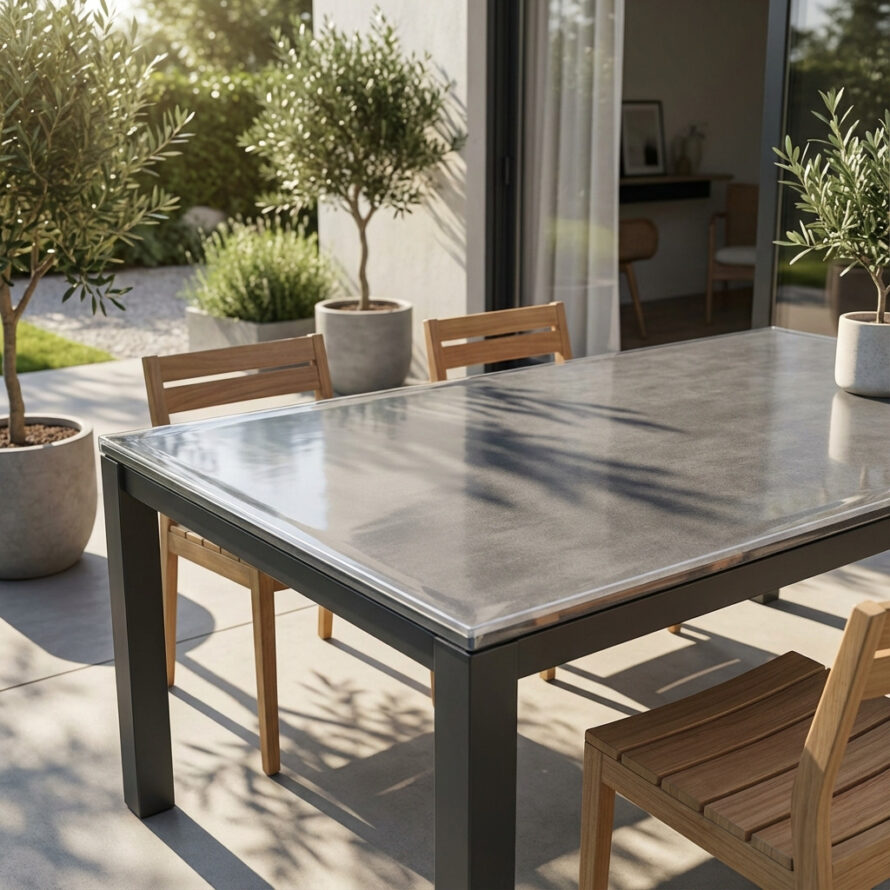 Plexiglas tafelbladbescherming op buitentafel in tuin, weerbestendig en transparant.