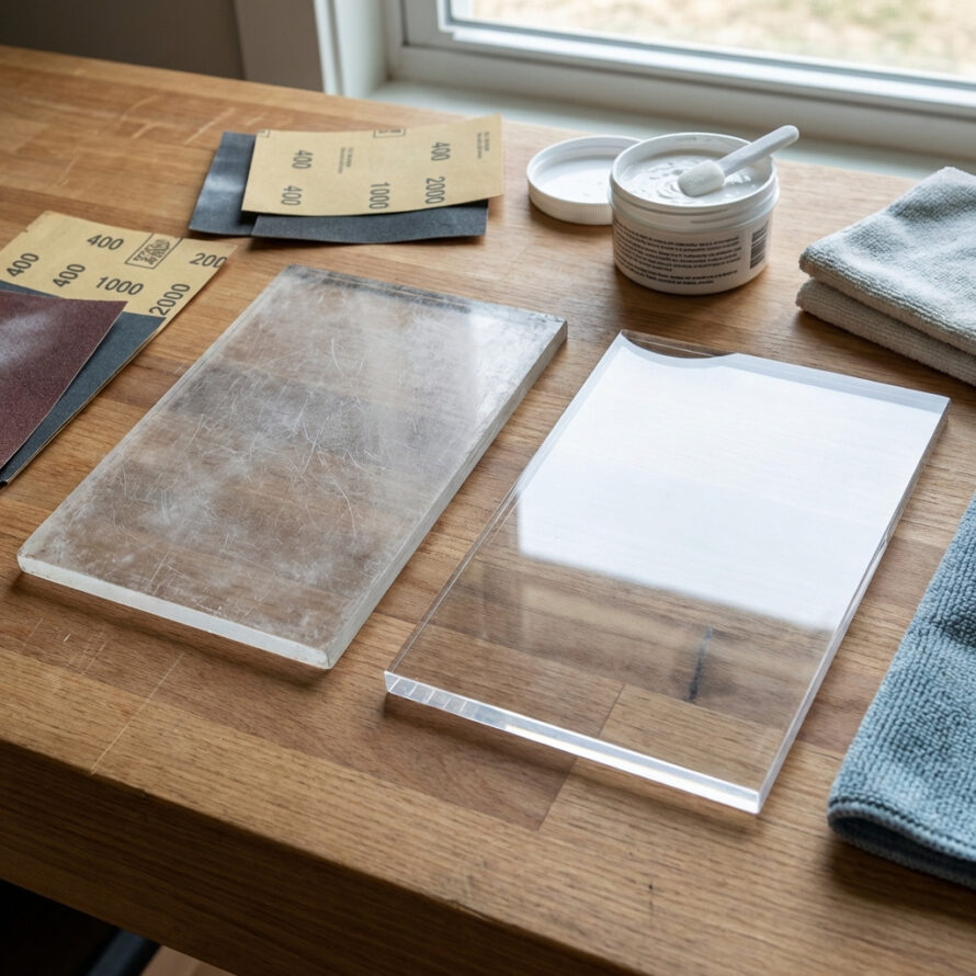 Plexiglas platen met lichte krasjes op een werkbank, omringd door schuurpapier en polijstmiddelen.