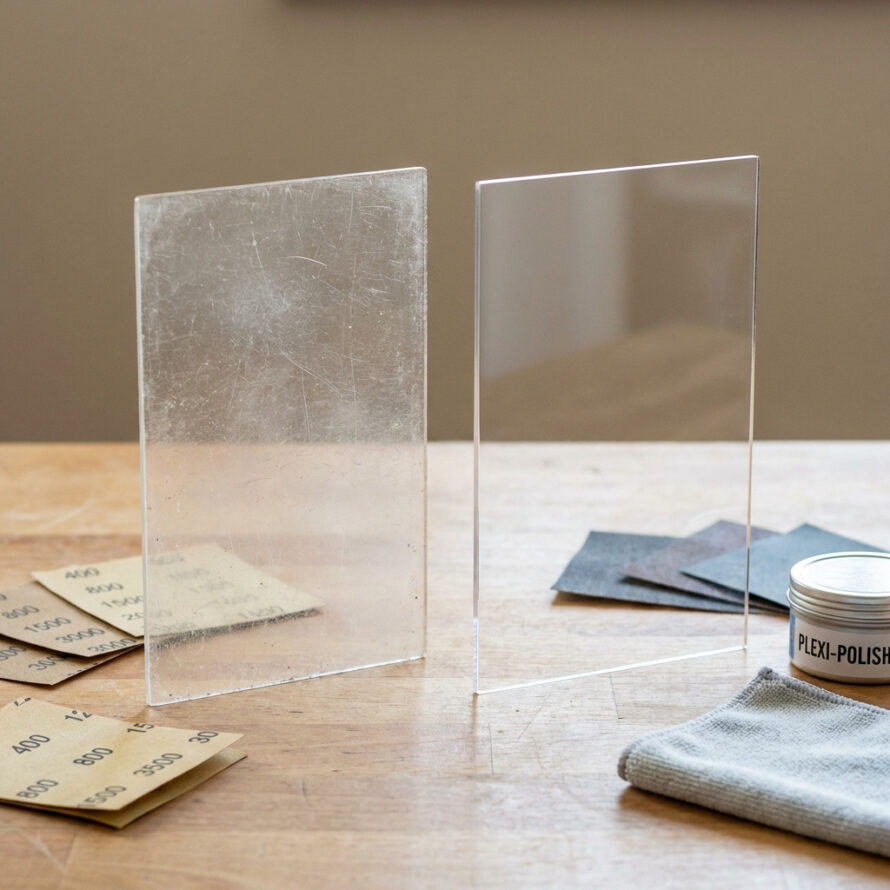 Vergelijking van dof en helder plexiglas op een houten tafel, met gereedschap voor polijsten op de achtergrond.