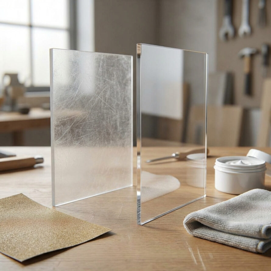 Helder plexiglas en verweerd plexiglas naast elkaar op een werkbank met schoonmaakdoek en polijstpasta.