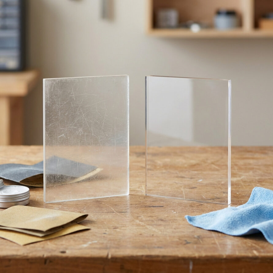 Twee transparante plexiglas platen rechtop geplaatst op een werktafel, één dof en één helder.