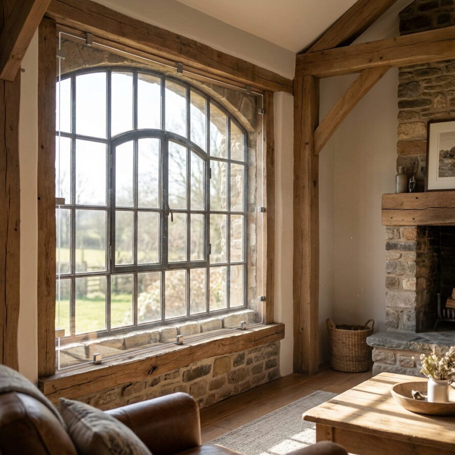 Landelijk interieur met gietijzeren stalraam en onzichtbaar plexiglas voorzetraam voor warmte- en geluidsisolatie.