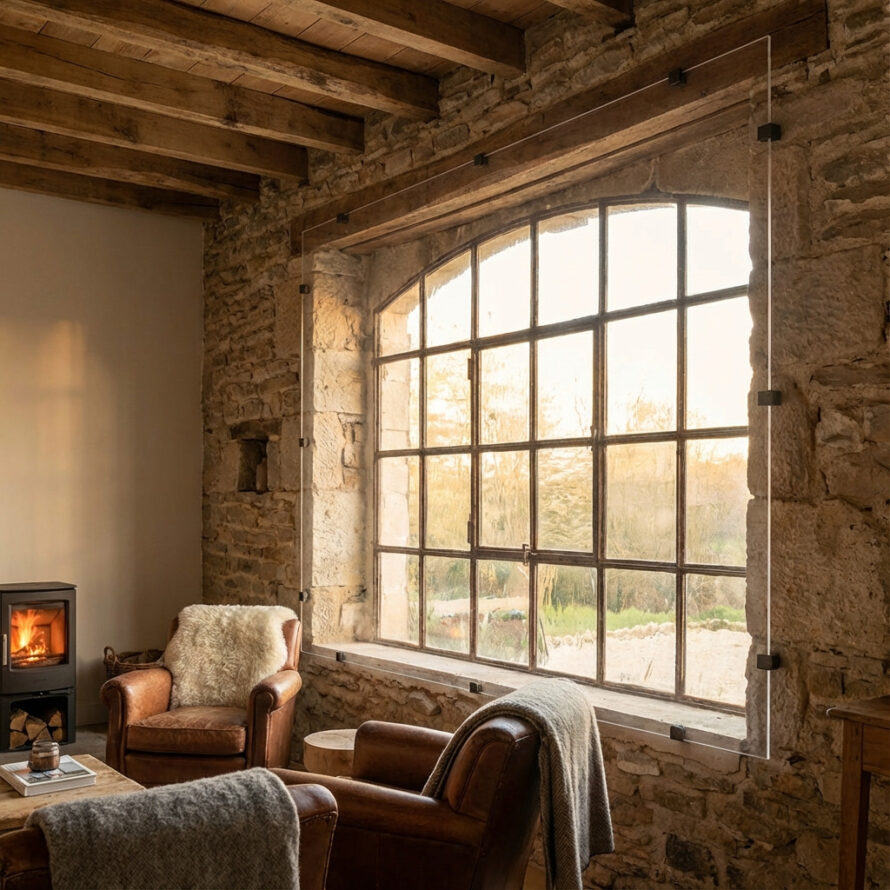 Stalraam in gerenoveerde boerderij met transparant plexiglas voorzetraam aan de binnenzijde voor extra isolatie.