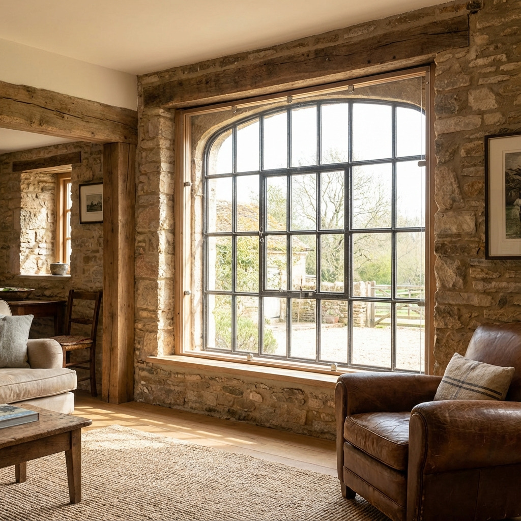 Plexiglas voorzetraam op maat geplaatst voor een klassiek stalraam met ronding in houten balkconstructie.