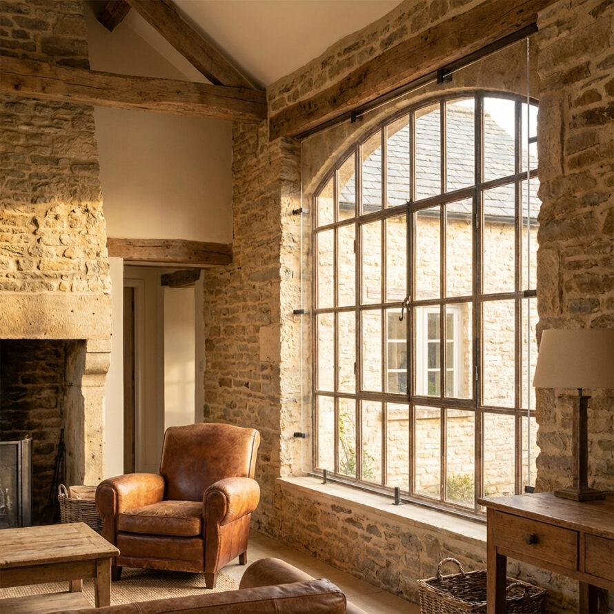 Isolerend plexiglas voorzetraam bevestigd met montageclips voor een groot stalraam in landelijke woonkamer.