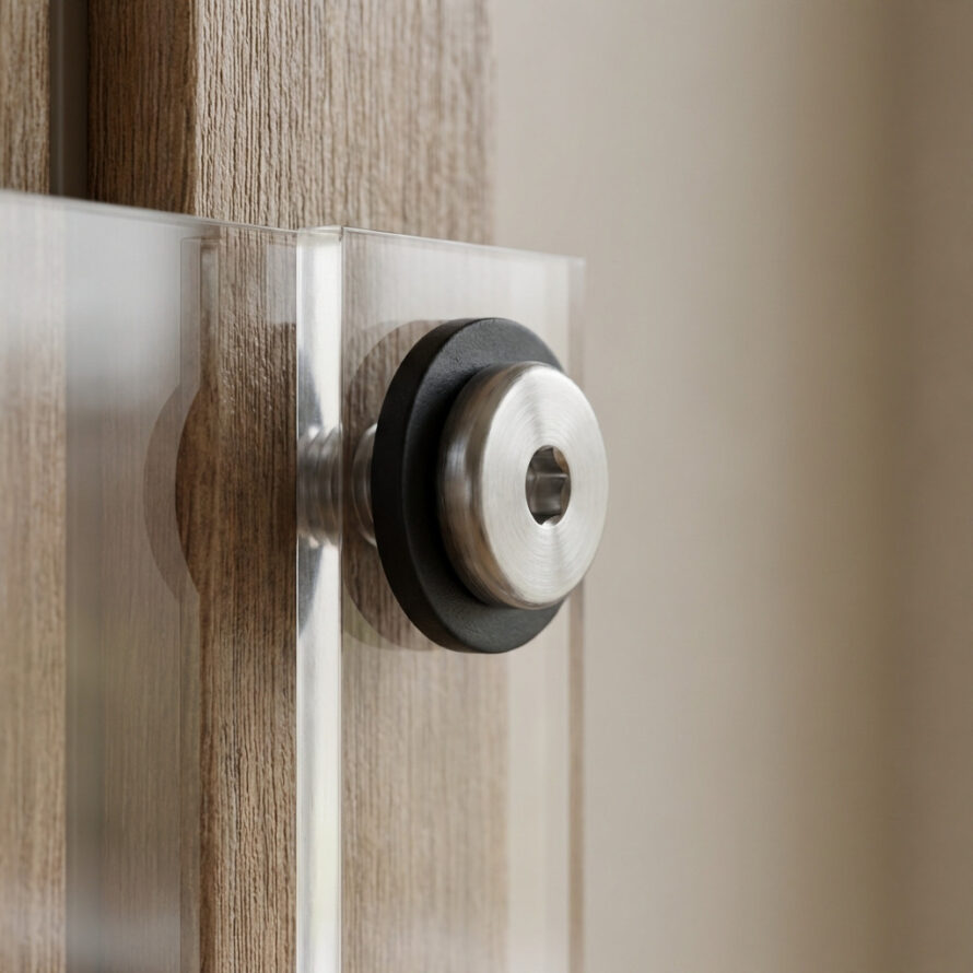 Plexiglas voorzetraam gemonteerd op een ouder, donker houten kozijn met een zwarte schroef en afdichtring.