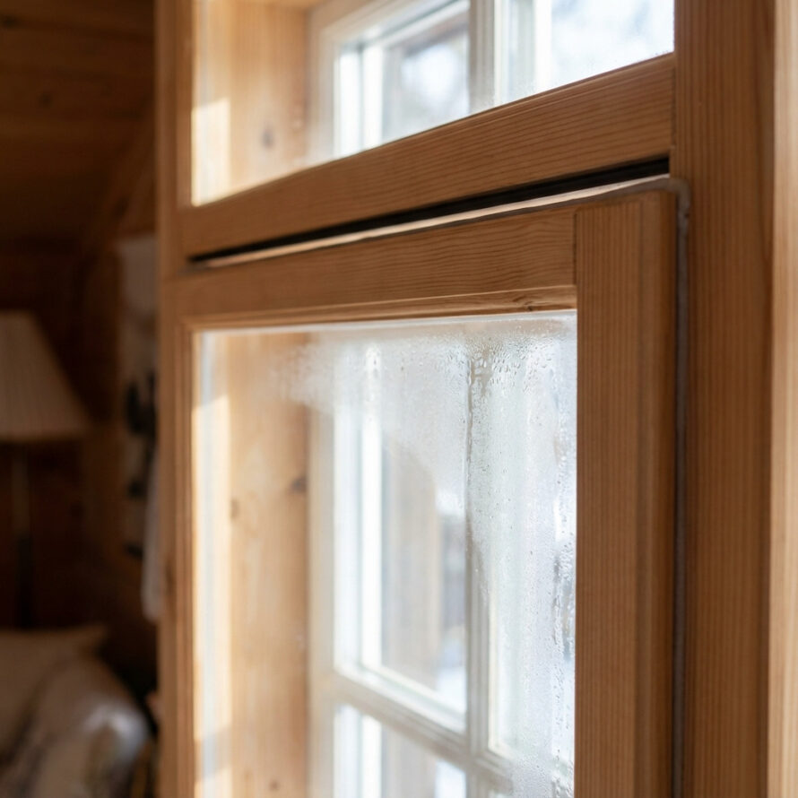 Condens op enkelglas in houten kozijn wordt handmatig verwijderd, zichtbaar vochtprobleem bij raam.