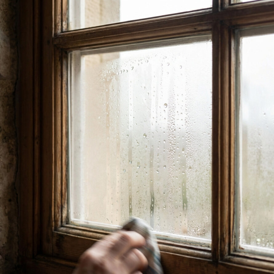 Condensvorming op enkelglas bij oud houten raam, vocht zichtbaar door temperatuurverschil.