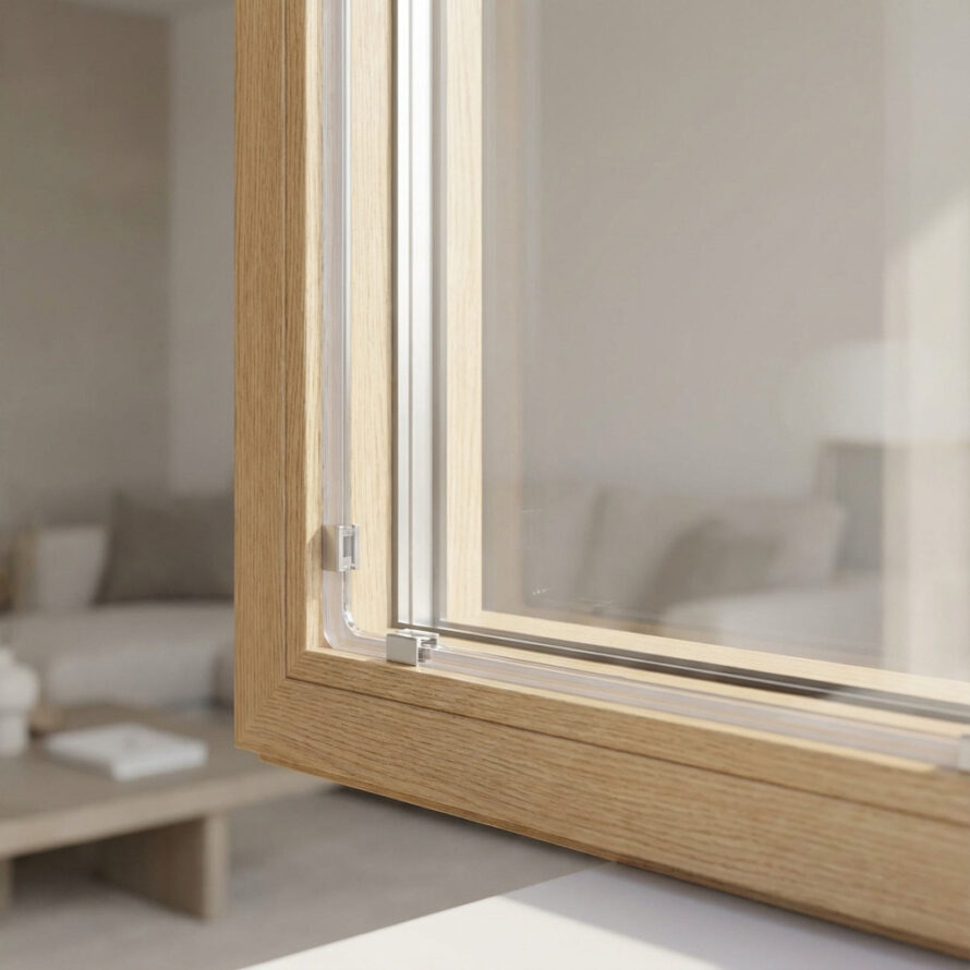 Detailopname van een achterzetraam met aluminium profiel en isolatieband op houten vensterbank.