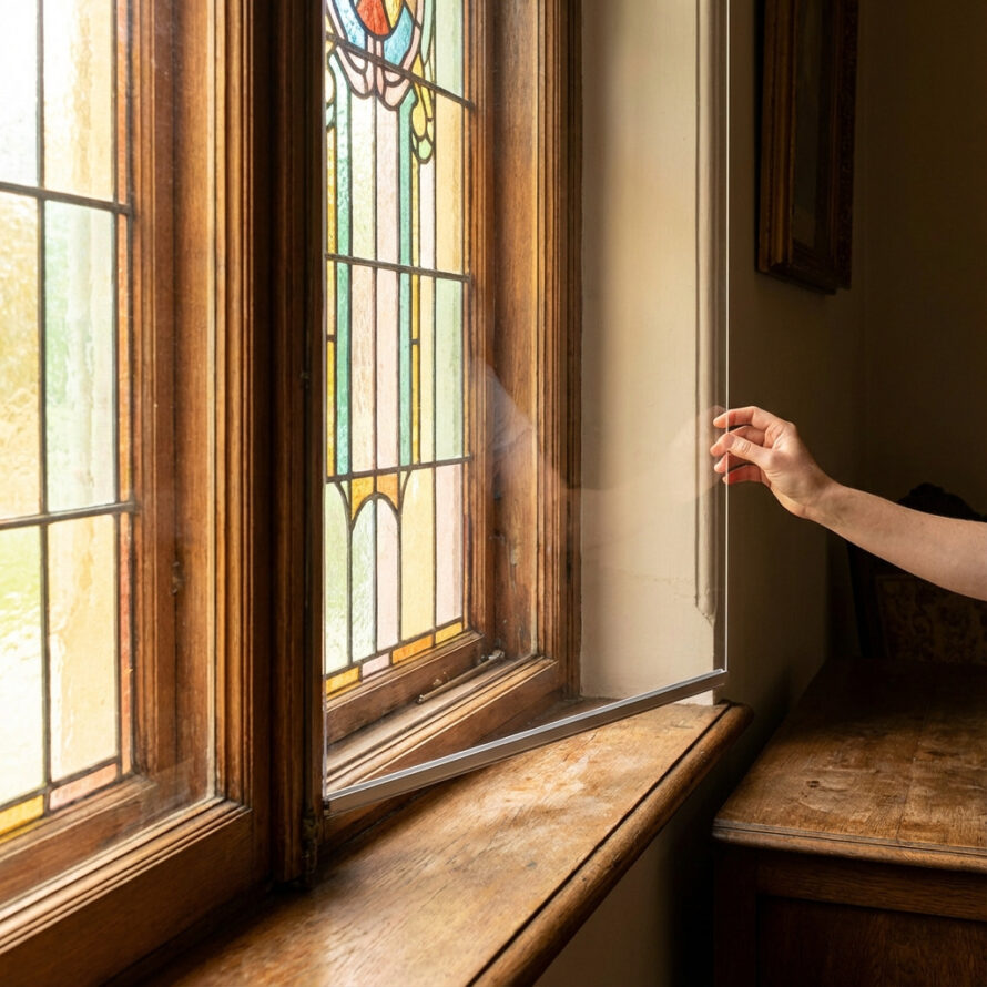 Bescherming van glas-in-lood raam met transparant plexiglas achterzetraam, subtiele montage.