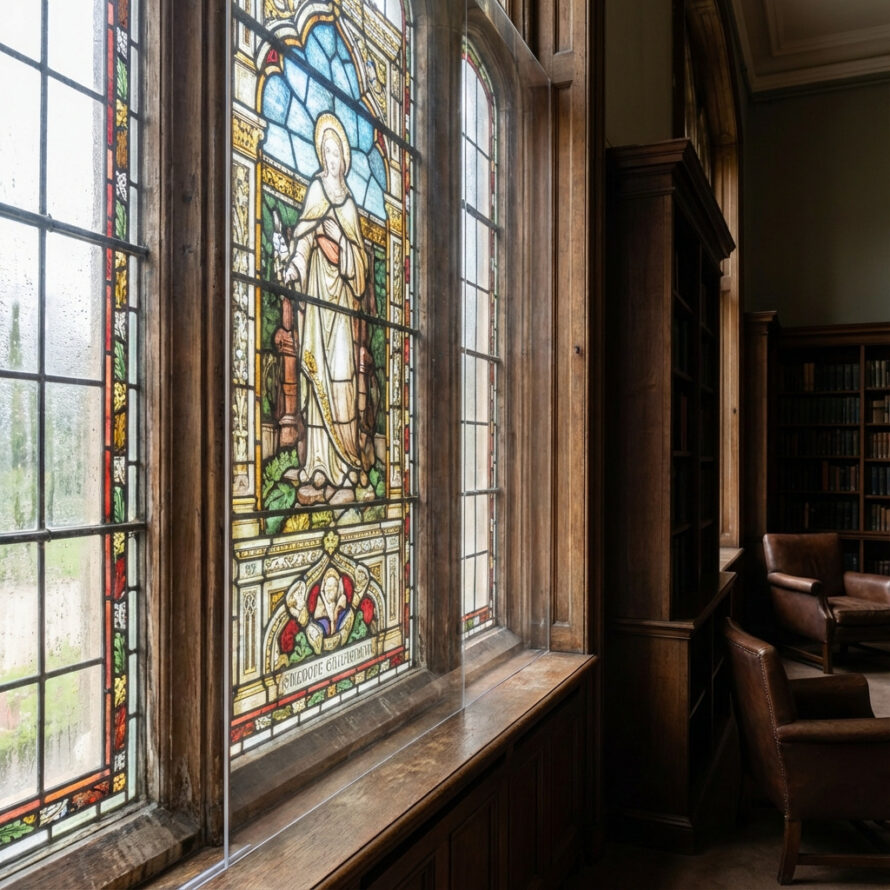 Achterzetraam van helder plexiglas geplaatst voor een glas-in-lood raam in monumentaal pand.