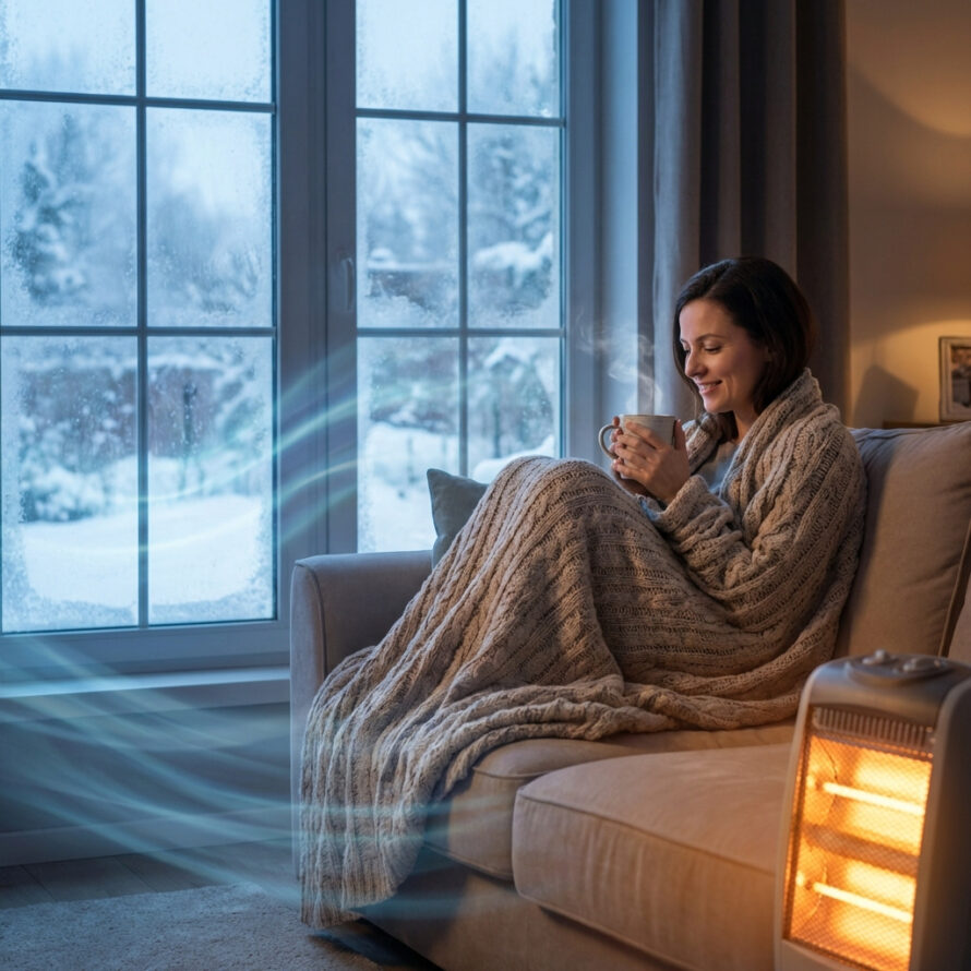 Persoon ontspant op een bank naast een kleine kachel, met contrast tussen warme binnenruimte en winter buiten.