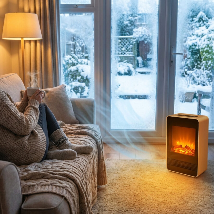Warme en knusse woonkamer met bank, deken en sfeerverlichting tegenover een koud winters raam.