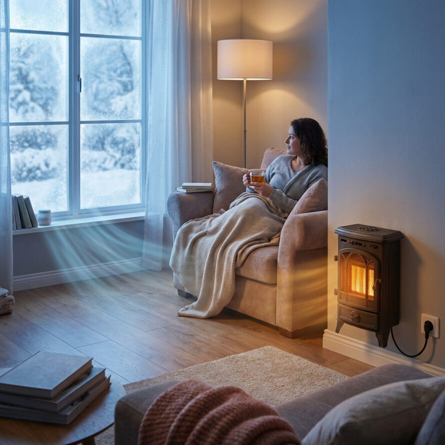 Persoon zit comfortabel op een bank in een warme woonkamer, terwijl koud winterlicht door het raam valt.