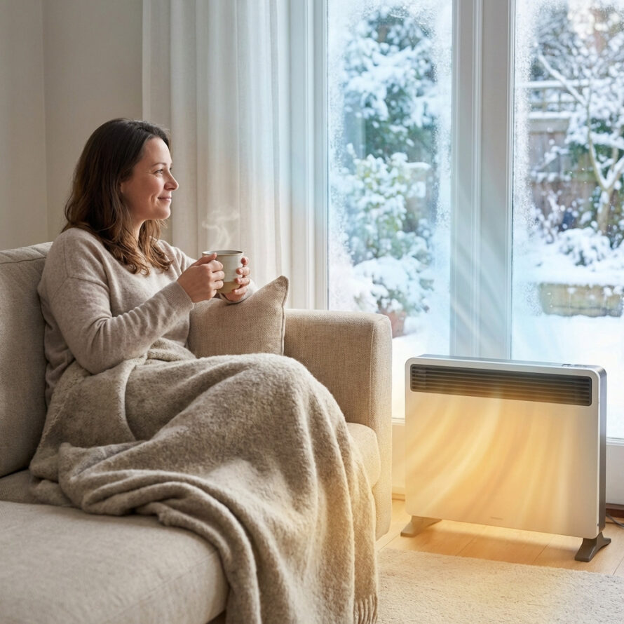 Persoon kijkt naar buiten vanuit een knusse woonkamer, zittend onder een deken met zacht avondlicht.